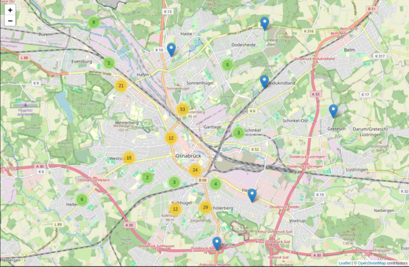 Bild zeigt Screenshot einer Karte von Osnabrück mit der Anzahl von Meldungen auf weg.li im Mai 2024