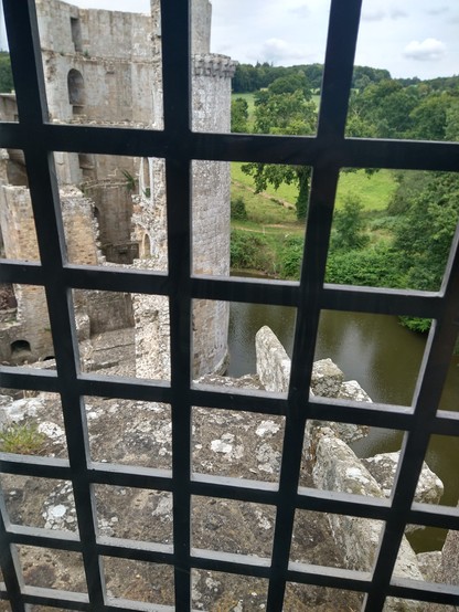Blick durch Gitter auf Burgruine.