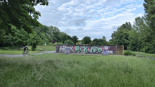 Großes Graffiti an einer "Trennwand" mitten im Grünen ( Teil Schinkel). Links und rechts verlaufen Radwege.

Graffiti Text: FCK AFD