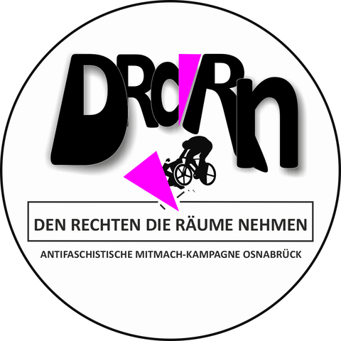 Patch rund "Den Rechten die Räume nehmen"

DRdRn mit dem Schriftzug  "Den Rechten die Räume nehmen". Zusätzlich einen dynamischen Radfahrer, der eine Hakenkreuz zu Brei fährt.