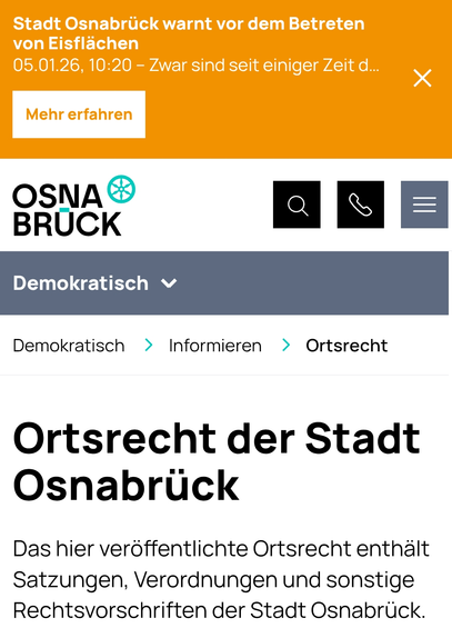 Screenshot Webseite Stadt Osnabrück. Sie warnt allgemein vor betreten der Eisflächen.
