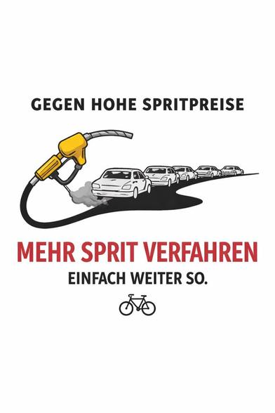Das KI generierte Bild ist eine minimalistische, überwiegend schwarz-weiße Illustration mit wenigen Farbakzenten. Oben steht in großen, schwarzen Buchstaben: „GEGEN HOHE SPRITPREISE“.

Darunter sieht man eine Reihe von fünf Autos, die hintereinander auf einer geschwungenen Straße fahren – wie ein Konvoi. Die Autos sind einfach gezeichnet, ohne Details, alle in hellem Grau.

Links im Bild ist übergroß eine gelbe Zapfpistole (wie an einer Tankstelle) dargestellt. Aus ihr kommt eine dunkle Leitung…